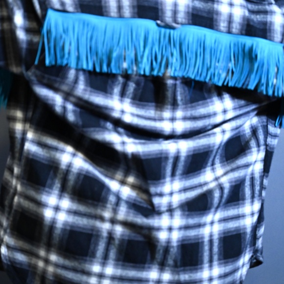 Black & White Flannel – Light Blue Fringes, Western Patches, Oversized Festival - Picture 3 of 7